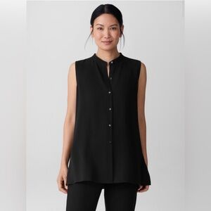 Eileen Fisher 100% silk Georgette crepe Sleeveless Button Front Black tank Top S